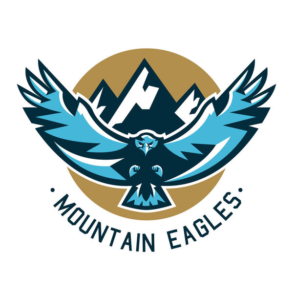 Logo eagle. Hawk flying in the mountains. Wild animal, large wingspan. Vector illustration. Flat style