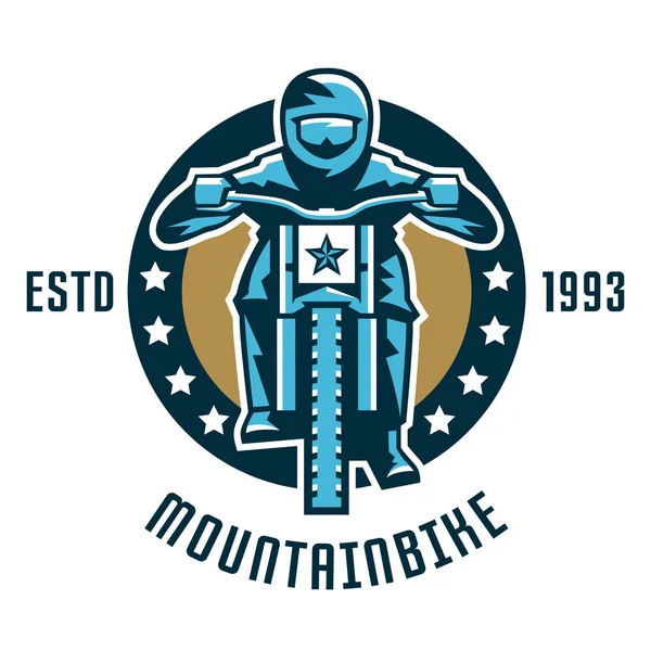 Logo bicicleta de montaña. Un ciclista bajando la montaña. Deporte extremo. Peligro, cuesta abajo. Vista frontal, casco, gafas. Ilustración vectorial. Estilo plano — Archivo Imágenes Vectoriales