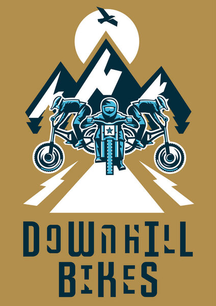 Векторная иллюстрация на тему экстремального спорта и горного велосипеда. Пейзаж, лес, свежий воздух. Приглашение на мероприятие. Велогонщики спускаются с гор
