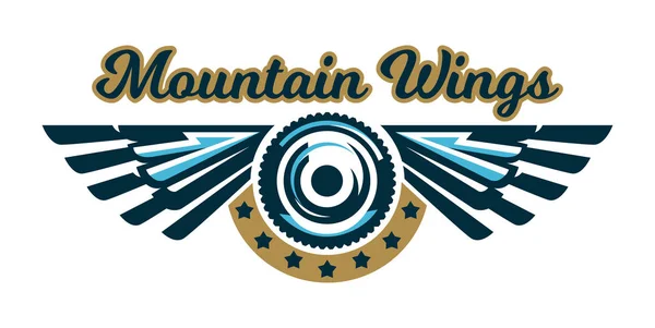Het logo van een fietswiel en vleugels. Mount, adelaar, veren, engel. Vectorillustratie. Vlakke stijl — Stockvector