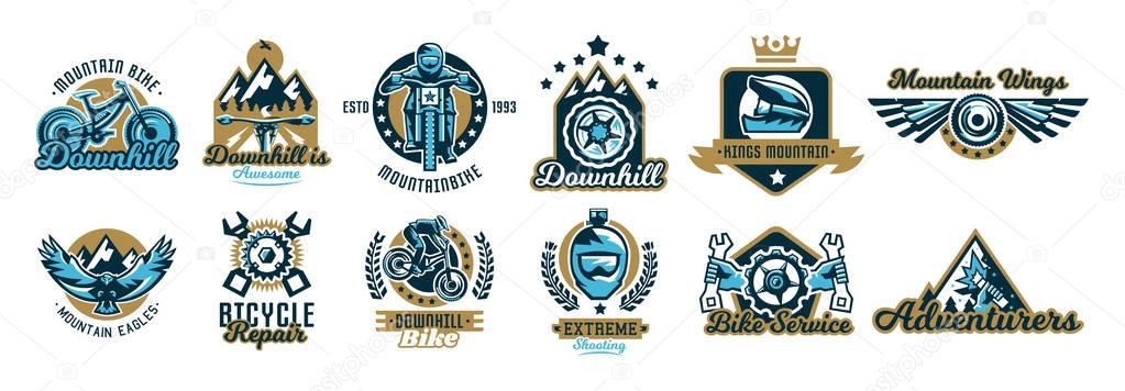 Set of logos on the mountain bike and downhill. Helmet, sunglasses, camera, eagle, fly, wings, parts, rider, landscape, crown, repair spare parts maintenance service business Vector illustration
