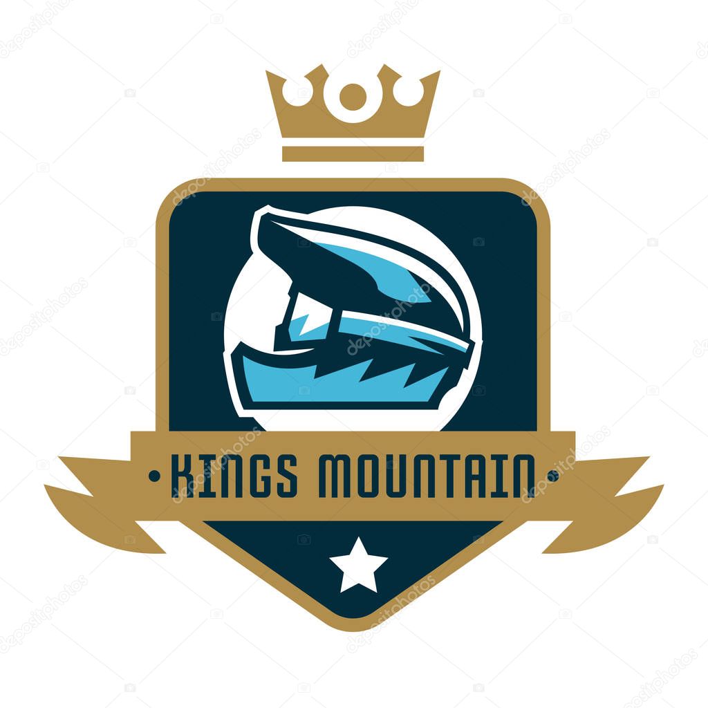 Logo Kings Mountain. Crown, a bicycle helmet, goggles. Downhill. Extreme sport. Vector illustration Flat style