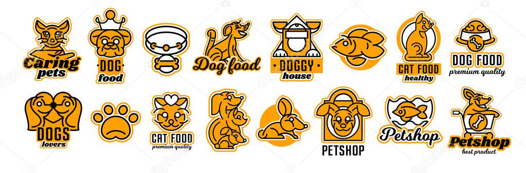 Set of logos on the theme of animals. Shop for pets, food. Cat, dog, rabbit, fish in the aquarium, collar, bone, bowl, kennel, bag, supermarket trolley, crown. Vector illustration, line style