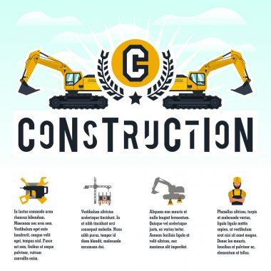 Bir şantiye vektör Illustration Tema. Simgeler araçları, ekipman, işçi, teknoloji. Metin şablonu. Bilgi üretimi ile banner. Reklam şirketi. Düz stil
