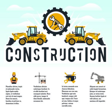 Bir şantiye vektör Illustration Tema. Simgeler araçları, ekipman, işçi, teknoloji. Metin şablonu. Bilgi üretimi ile banner. Reklam şirketi. Düz stil