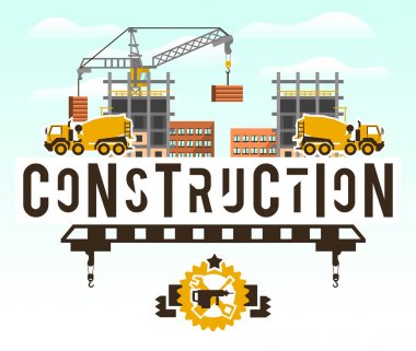 İnşaat alanında. Vinç kaldırma beton döşeme. İzole arka planında harflerle. Beton mikseri. İnşaat Makinaları. Logo oluşturma araçları. Bitmemiş ev. Vektör çizim. Düz stil