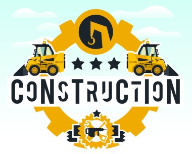 İnşaat işleri Illustration Tema. İnşaat Makinaları. Yangın önleyici donatım. İzole arka planında harflerle. Mini yükleyici. Logo çalışma araçları. Düz stil