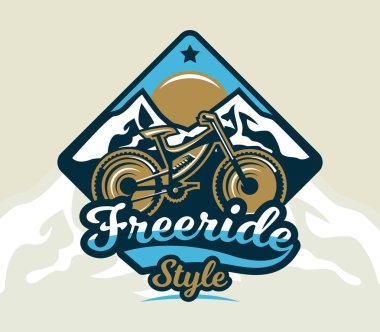 Logo dağ bisikleti. Bisiklet ve dağların arması. Aşırı spor. Freeride, yokuş aşağı, cross-country. Rozetleri kalkan, yazı. Vektör çizim.