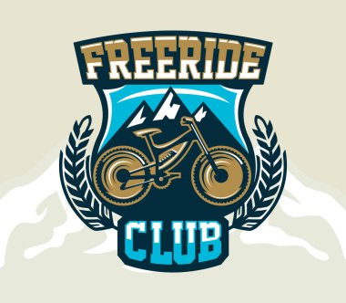 Logo dağ bisikleti. Bisiklet ve dağların arması. Aşırı spor. Freeride, yokuş aşağı, cross-country. Rozetleri kalkan, yazı. Vektör çizim.
