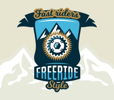 Logo Bisiklet Zincir Dişli. Yedek parça Bisiklet ve dağ sayısı arması. Aşırı spor. Freeride, yokuş aşağı, cross-country. Rozetleri kalkan, yazı. Vektör çizim.