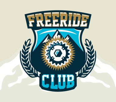 Logo Bisiklet Zincir Dişli. Yedek parça Bisiklet ve dağ sayısı arması. Aşırı spor. Freeride, yokuş aşağı, cross-country. Rozetleri kalkan, yazı. Vektör çizim.