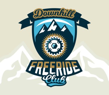 Logo Bisiklet Zincir Dişli. Yedek parça Bisiklet ve dağ sayısı arması. Aşırı spor. Freeride, yokuş aşağı, cross-country. Rozetleri kalkan, yazı. Vektör çizim.