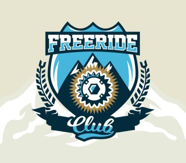 Logo Bisiklet Zincir Dişli. Yedek parça Bisiklet ve dağ sayısı arması. Aşırı spor. Freeride, yokuş aşağı, cross-country. Rozetleri kalkan, yazı. Vektör çizim.