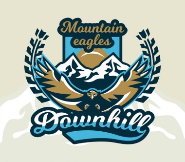 Logo, amblem uçan bir kartal. Dağlar, kayalar. Rozetleri kalkan, yazı. Vektör çizim.