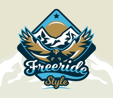 Logo, amblem uçan bir kartal. Dağlar, kayalar. Rozetleri kalkan, yazı. Vektör çizim.