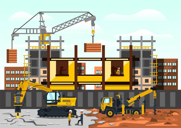 Ilustración vectorial sobre el tema de una obra de construcción. Construcción del edificio sobre el fondo de la ciudad. Grúa de construcción, excavadora de asfalto de perforación, camión, trabajadores. Estilo plano — Vector de stock