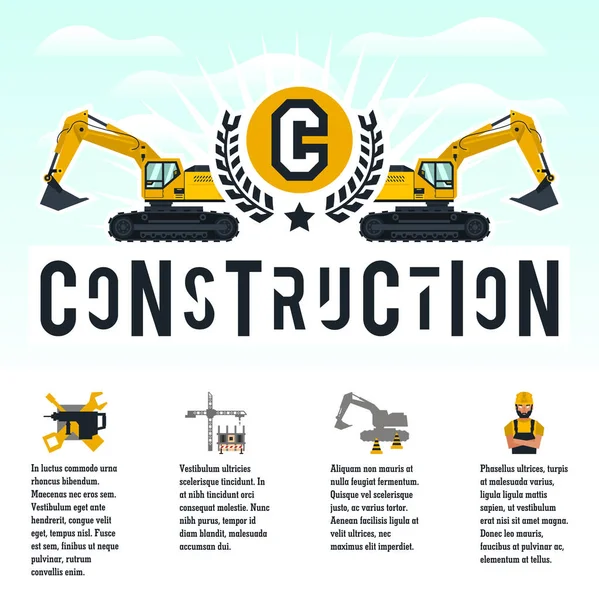 Bir şantiye vektör Illustration Tema. Simgeler araçları, ekipman, işçi, teknoloji. Metin şablonu. Bilgi üretimi ile banner. Reklam şirketi. Düz stil