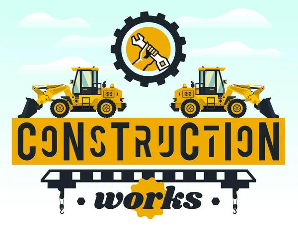 Illustration sur le thème des travaux de construction. Machines de construction. Equipement spécial. Lettrage sur fond isolé. Chargeur frontal, logo main tenant une clé. Style plat — Image vectorielle