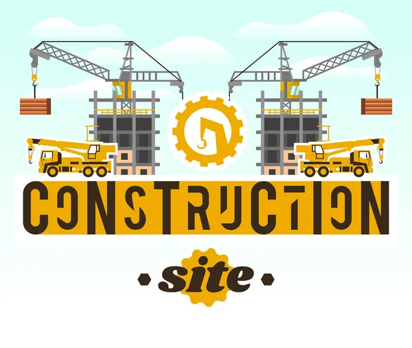 Site de construction. Grue soulevant des dalles de béton. Lettrage sur fond isolé. Camion grue. Logo du matériel de construction. Maison inachevée. Illustration vectorielle. Style plat — Image vectorielle