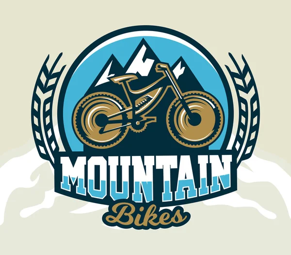 Logo dağ bisikleti. Bisiklet ve dağların arması. Aşırı spor. Freeride, yokuş aşağı, cross-country. Rozetleri kalkan, yazı. Vektör çizim. — Stok Vektör