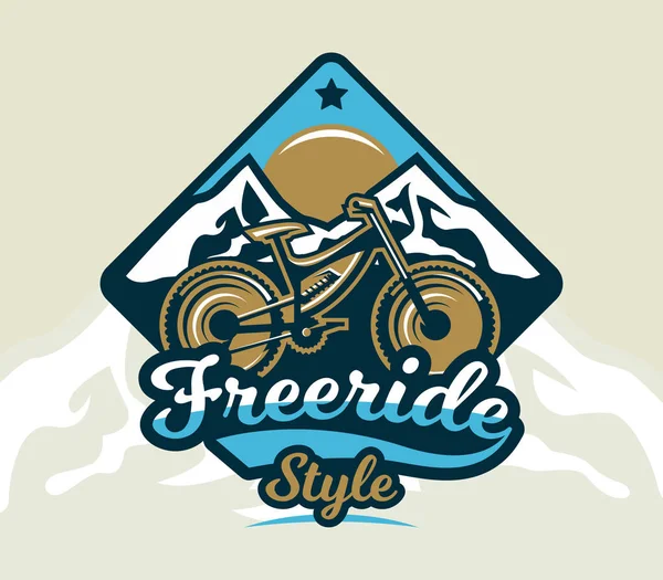 Logo MTB. A jelkép, a kerékpár és a hegyekre. Extrém sport. Freeride, lefelé, sífutás. Jelvények pajzs, betűkkel. Vektoros illusztráció. — Stock Vector