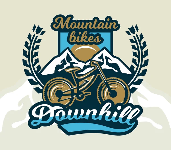 Logo mountain bike. The emblem of the bicycle and the mountains. Extreme sport. Freeride, downhill, cross-country. Badges shield, lettering. Vector illustration. — Stock Vector