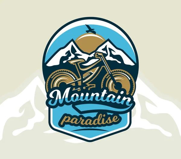 Logo dağ bisikleti. Bisiklet ve dağların arması. Aşırı spor. Freeride, yokuş aşağı, cross-country. Rozetleri kalkan, yazı. Vektör çizim. — Stok Vektör