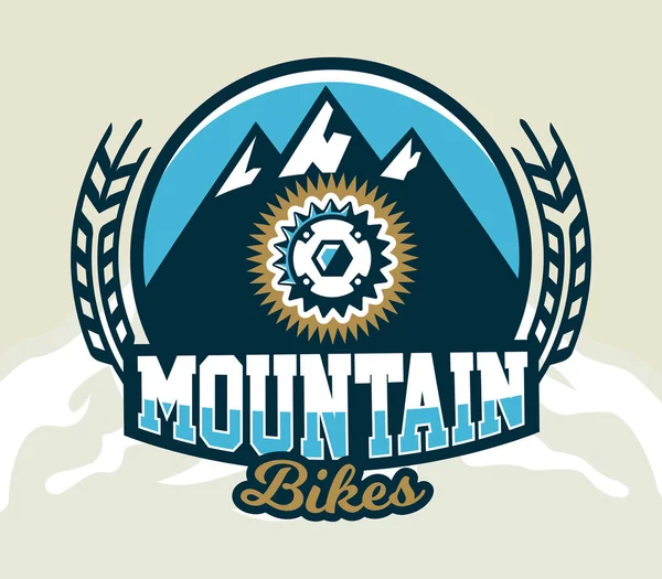 Logo bicycle sprocket. The emblem of the spare parts bike and mountain views. Extreme sport. Freeride, downhill, cross-country. Badges shield, lettering. Vector illustration. — Stock Vector