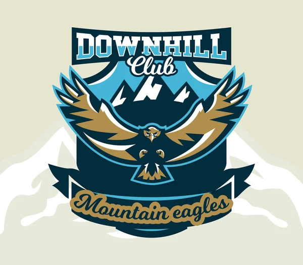 Logo, emblem of an eagle flying. Mountains, rocks. Badges shield, lettering. Vector illustration. — Stock Vector