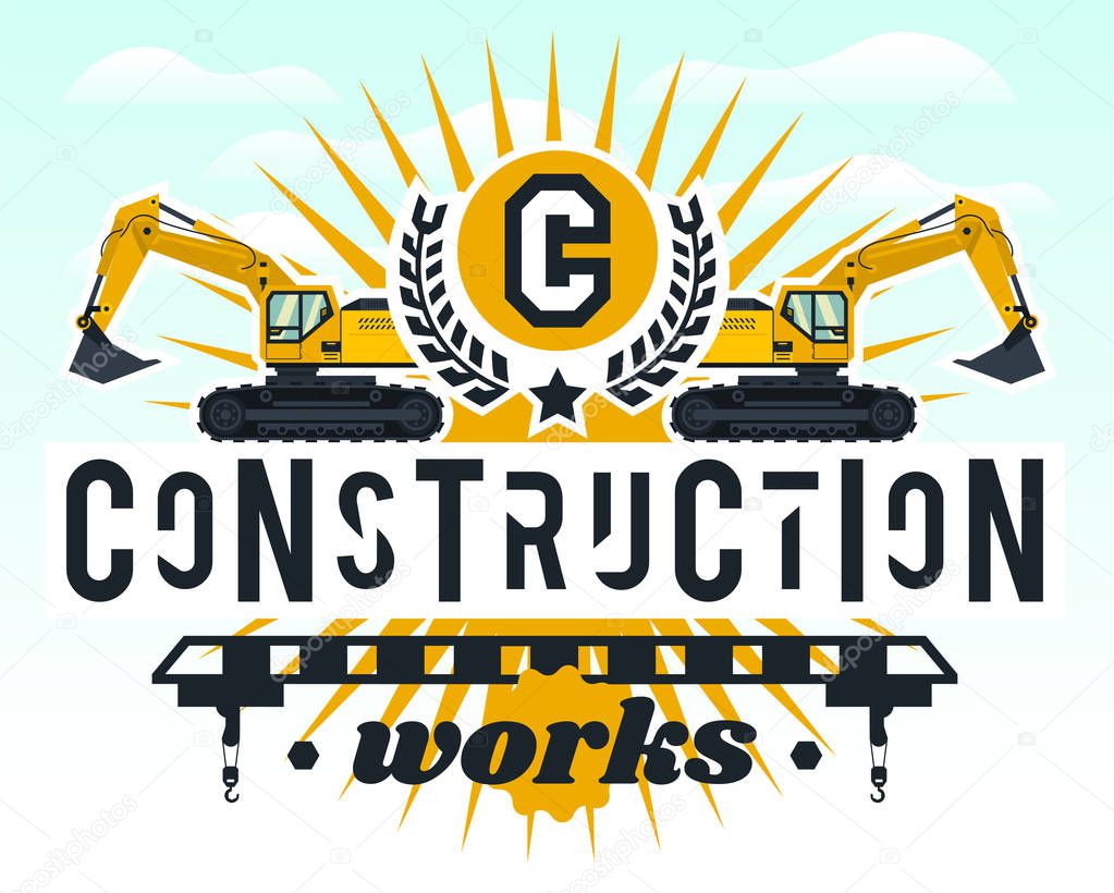 Illustration on the theme of the construction works. Construction machinery. Special equipment. Lettering on the isolated background. Excavators, crane. Logo letters. Flat style.