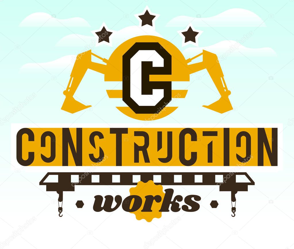 Illustration on the theme of the construction works. Construction machinery. Special equipment. Lettering on the isolated background. Logo special equipment, hydraulic arm. Excavator, crane