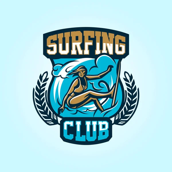 Logo on surfing. Emblem surfer girl in a bathing suit. Beach, waves, tropical island. Extreme sport. Badges shield, lettering. Vector illustration. — Stock Vector