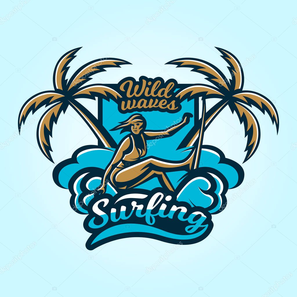 Logo on surfing. Emblem surfer girl in a bathing suit. Beach, waves, palm trees, tropical island. Extreme sport. Badges shield, lettering. Vector illustration.