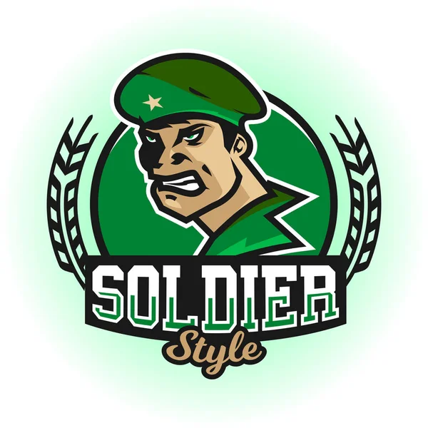 Soldaat Logo. Het embleem van een militaire man in uniform en baret. Verdediger van het vaderland, de krijger, de grenswachter. Badges schild, belettering. Vectorillustratie. — Stockvector