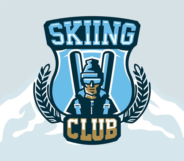 Logo Kayak Kulübü. Amblemi bir kap ve Kayak gözlüğü, sırt çantası ve kayak kayakçı. Aşırı kış sporları. İzole dağlar içinde belgili tanımlık geçmiş. Rozetleri kalkan, yazı. Vektör çizim. — Stok Vektör