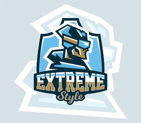 Logo op het skiën. Embleem de skiër gezichten in profiel, Skibrillen, cap. Extreme wintersport. Badges schild, belettering. Vectorillustratie. — Stockvector