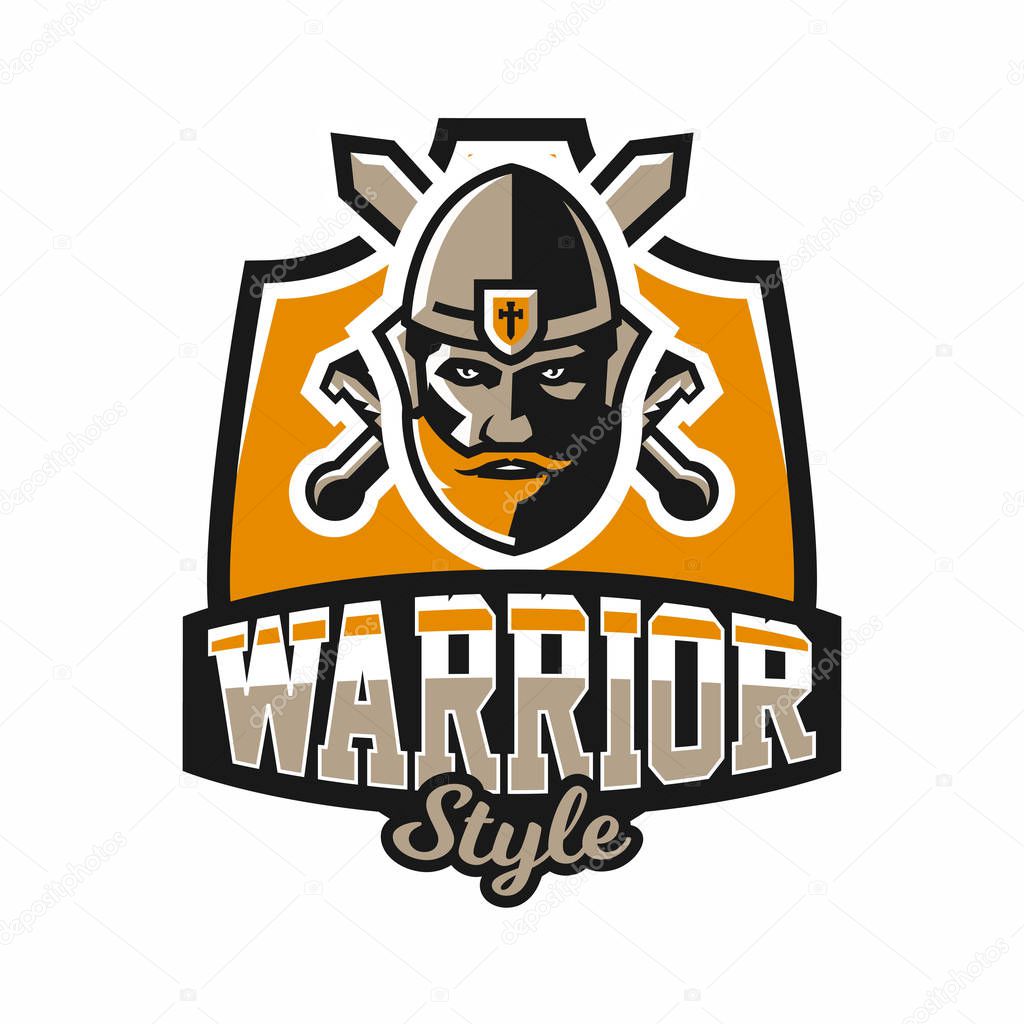Logo on the warrior. The face of a bearded man in a medieval helmet and swords cross. Hero, barbarian, defender of the castle knight, paladin. Badges shield, lettering. Vector illustration.