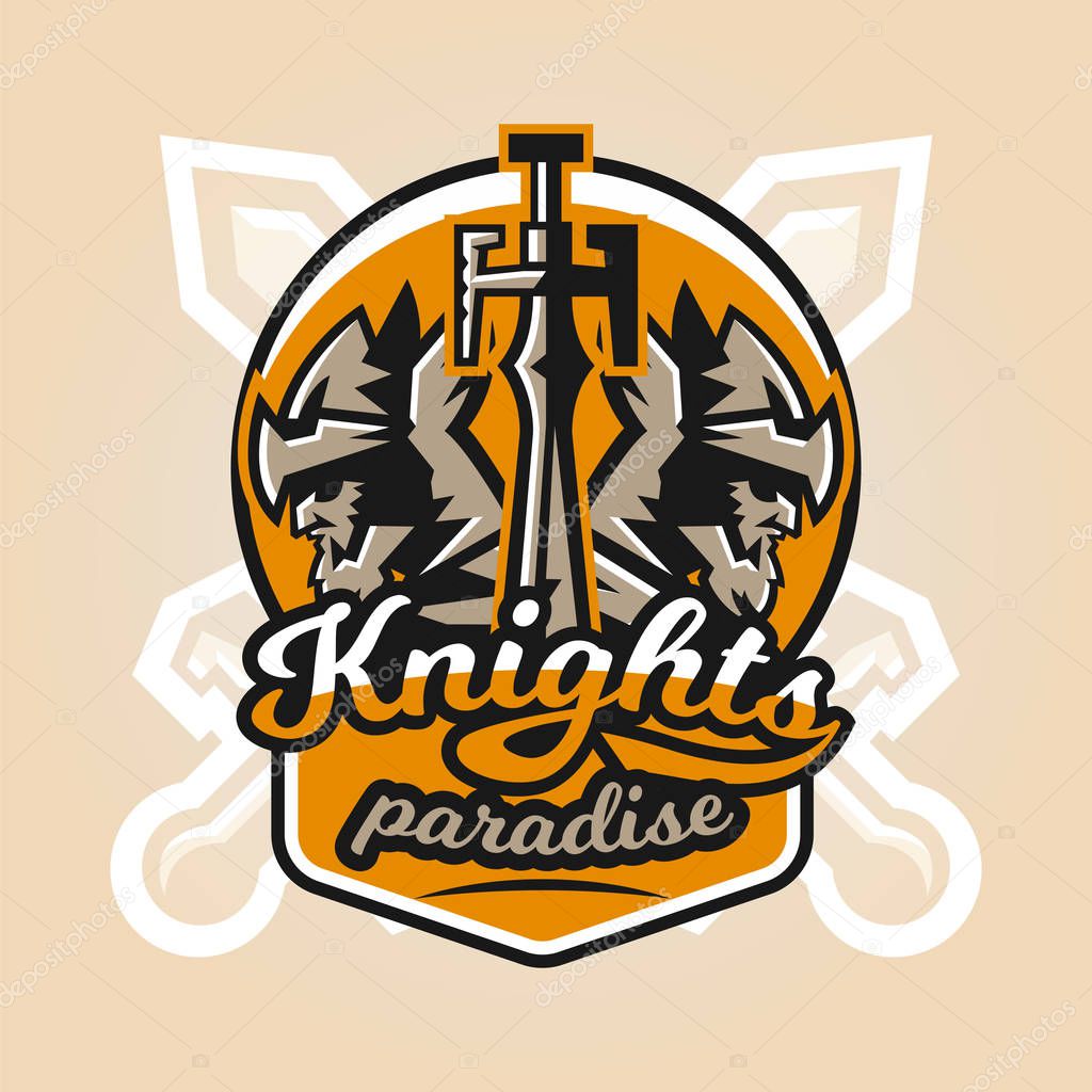 Logo on the warrior. The emblem of the face of a bearded man in a medieval helmet and sword. Hero, barbarian, defender of the castle knight, paladin. Badges shield, lettering. Vector illustration.