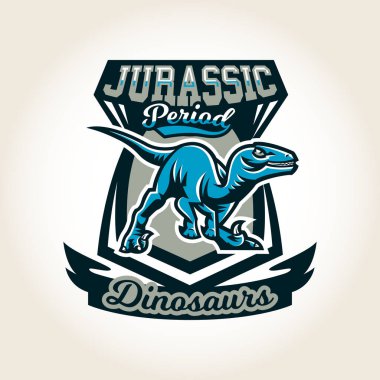 Colourful emblem, logo, label the world of the dinosaurs of the Jurassic period of the Mesozoic era is isolated on a background of the shield. Vector illustration, printing for t-shirts clipart