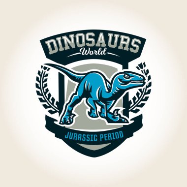 Renkli amblem, logo, Jurassic dönem Mezozoik çağın Dinozorların dünyasına kalkan bir arka plan üzerinde izole etiket. Vektör çizim, t-shirtler için yazdırma