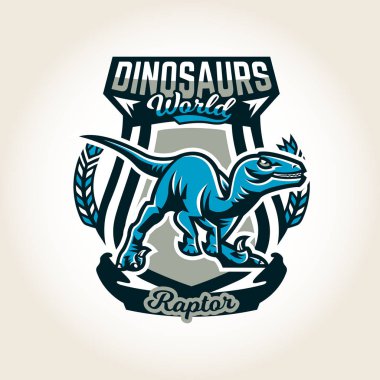 Colourful emblem, logo, label the world of the dinosaurs of the Jurassic period of the Mesozoic era is isolated on a background of the shield. Vector illustration, printing for t-shirts clipart