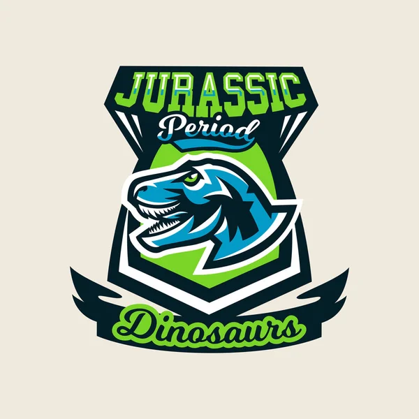 Colourful emblem, logo, label the dinosaur of the Jurassic period of the Mesozoic era is isolated on a background of the shield. Vector illustration. — Stock Vector