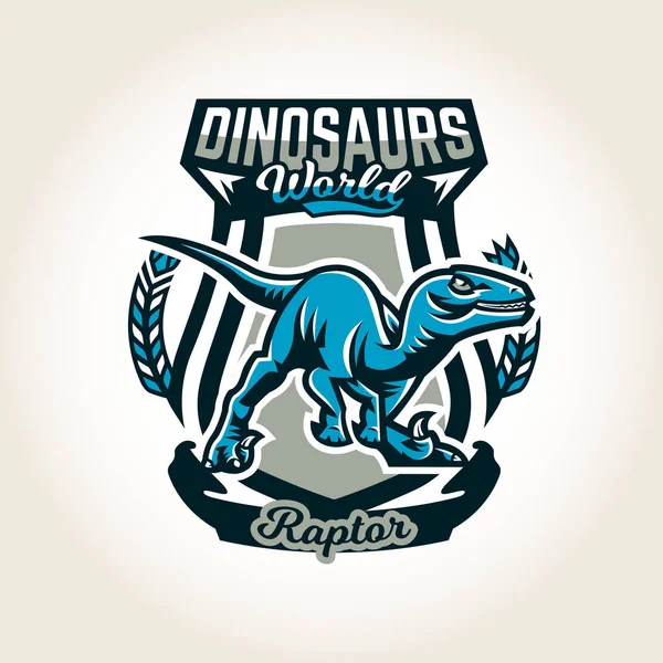 На фоне щита выделяется красочная эмблема, логотип, маркировка мира динозавров юрского периода мезозойской эры. Векторная иллюстрация, печать для футболок — стоковый вектор