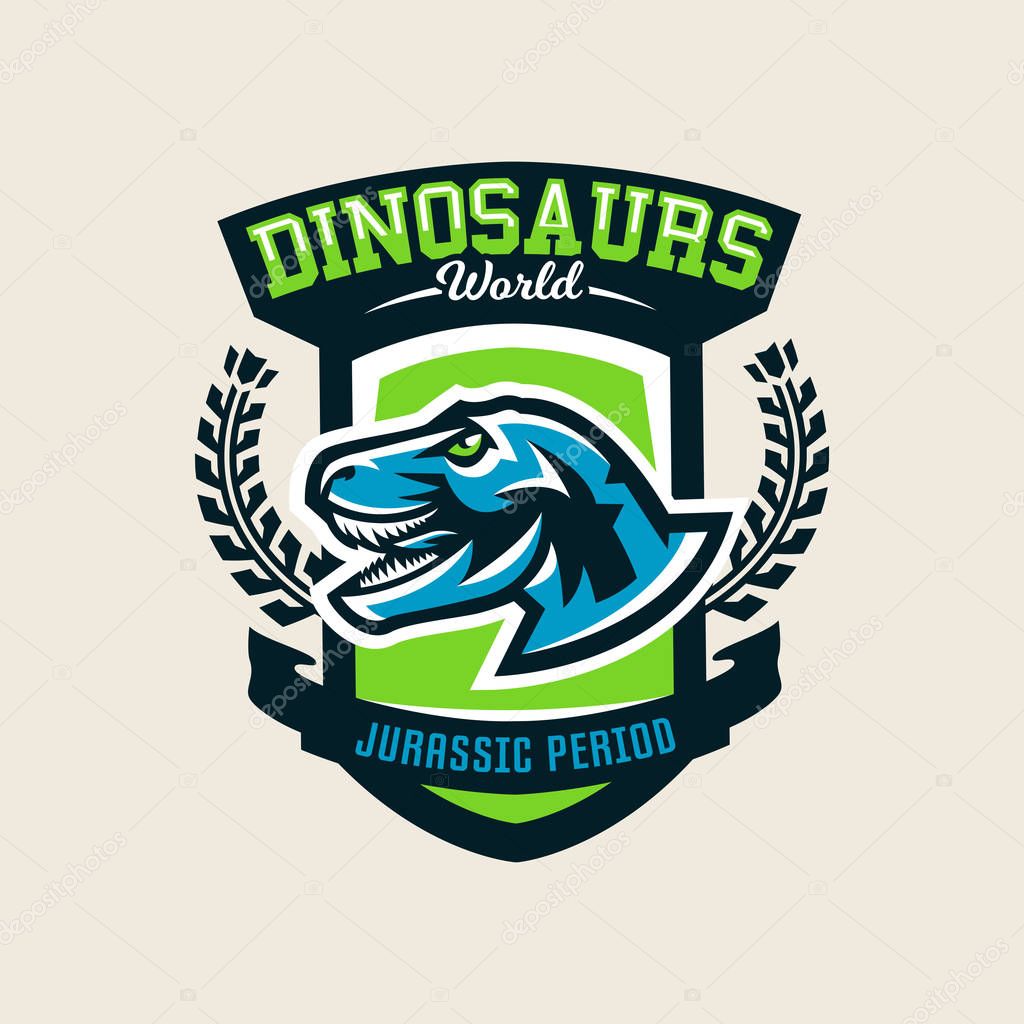 Colourful emblem, logo, label the dinosaur of the Jurassic period of the Mesozoic era is isolated on a background of the shield. Vector illustration.