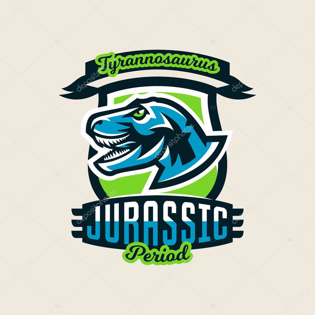 Colourful emblem, logo, label the dinosaur of the Jurassic period of the Mesozoic era is isolated on a background of the shield. Vector illustration