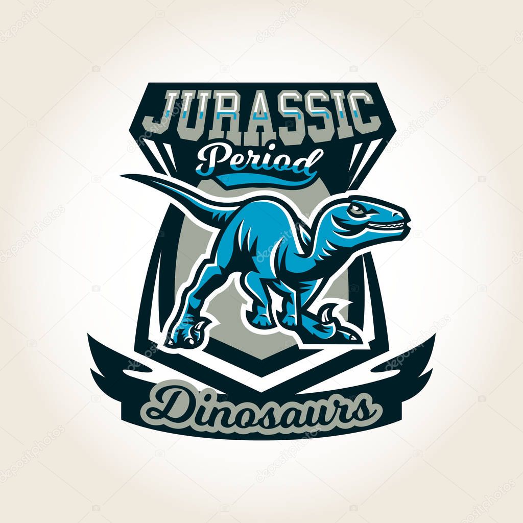 Colourful emblem, logo, label the world of the dinosaurs of the Jurassic period of the Mesozoic era is isolated on a background of the shield. Vector illustration, printing for t-shirts