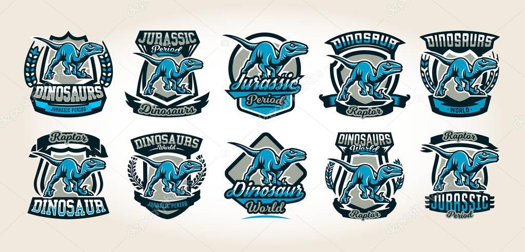 Set of colorful logos, emblems, labels the world of the dinosaurs of the Jurassic period of the Mesozoic era is isolated on a background of the shield. Collection for printing on T-shirts.