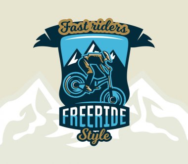 Renkli logo, amblem, etiket, kulüp biniciler dağlar, izole vektör çizim bir arka plan üzerinde bir dağ bisikleti üzerinde hileler gerçekleştirin. Club yokuş aşağı, freeride. T-shirt baskı.