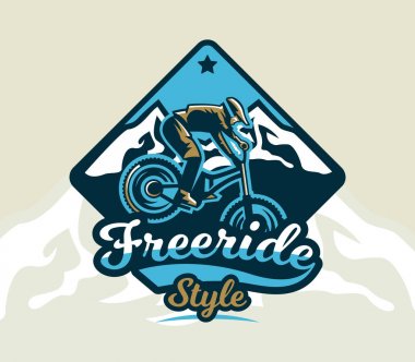 Renkli logo, amblem, etiket, kulüp biniciler dağlar, izole vektör çizim bir arka plan üzerinde bir dağ bisikleti üzerinde hileler gerçekleştirin. Club yokuş aşağı, freeride. T-shirt baskı.