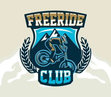 Renkli logo, amblem, etiket, kulüp biniciler dağlar, izole vektör çizim bir arka plan üzerinde bir dağ bisikleti üzerinde hileler gerçekleştirin. Club yokuş aşağı, freeride. T-shirt baskı.